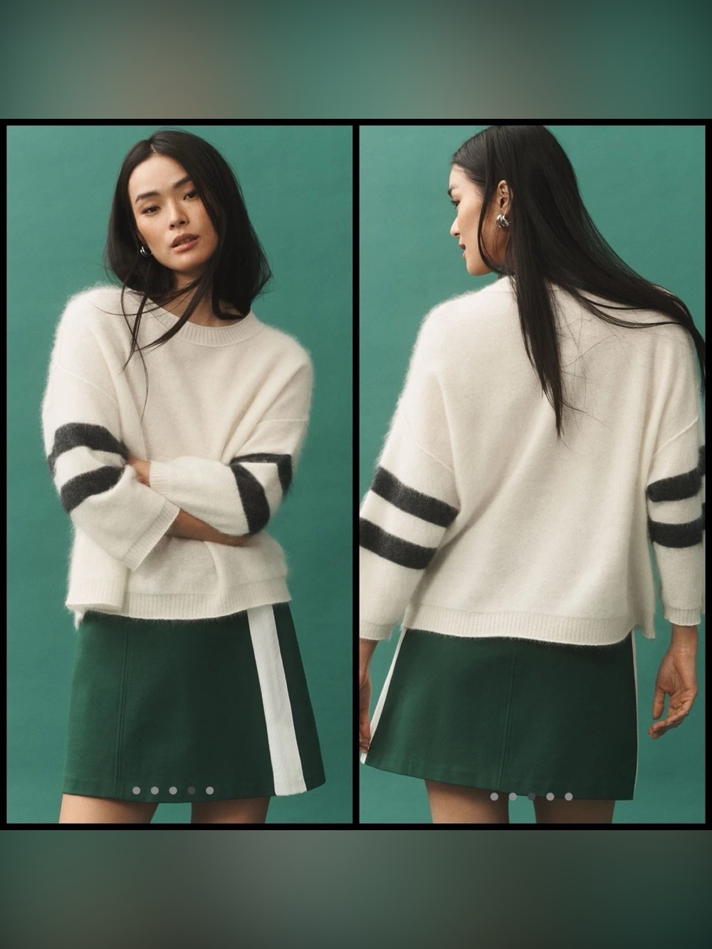 Maeve 100% Cashmere Striped Cropped Sweater Large Cream/Black Anthropologie